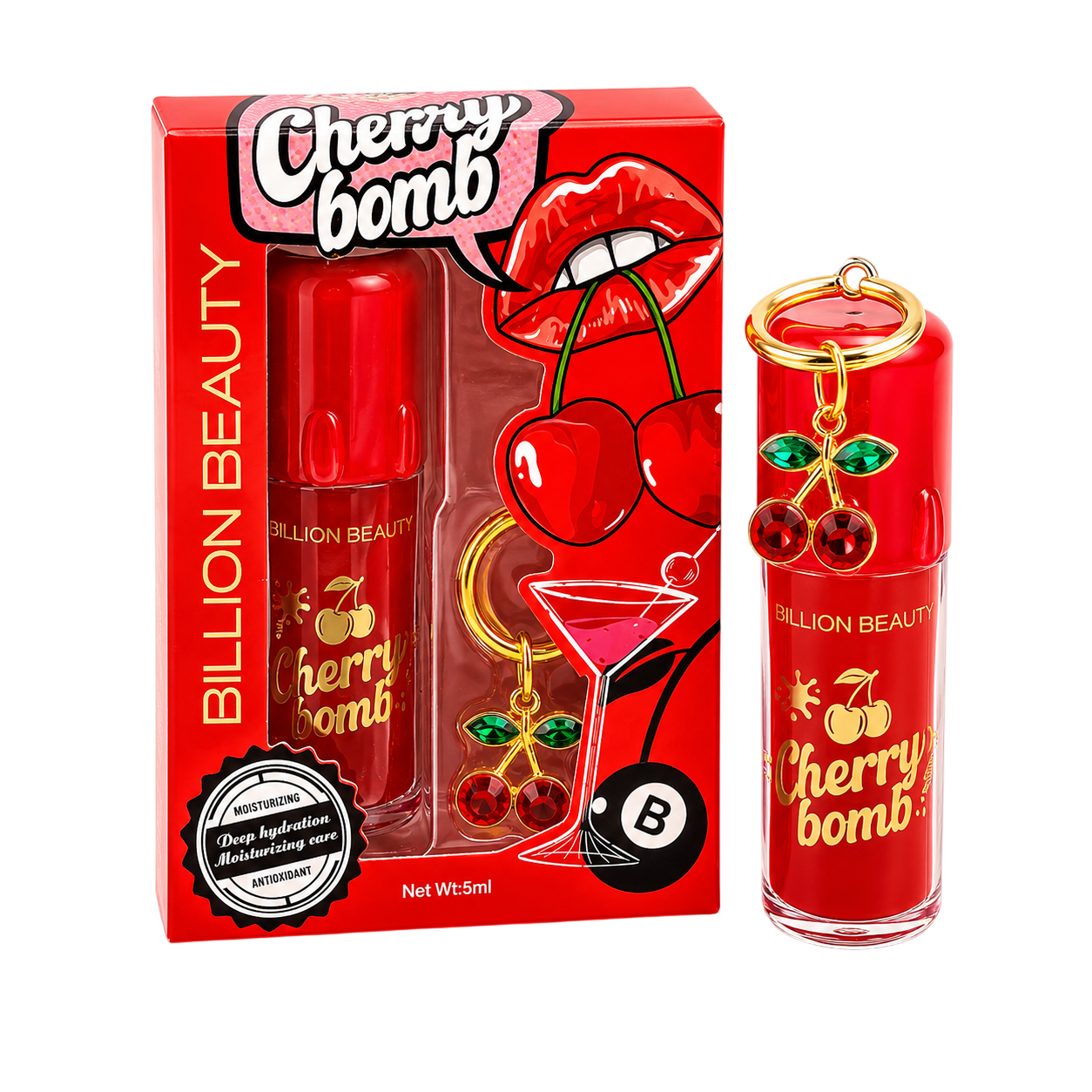 Lip glaze con llavero cereza